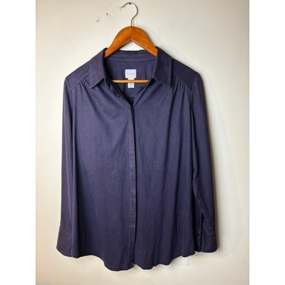 Womens Size 1 Chico's Button- Up‎ Shirt Top Blue Long Sleeve Stretch Casual